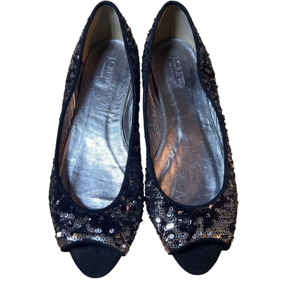 J. Crew Collection Starling Peep Toe flats black sequins slip on size 9.5 - Picture 2 of 6
